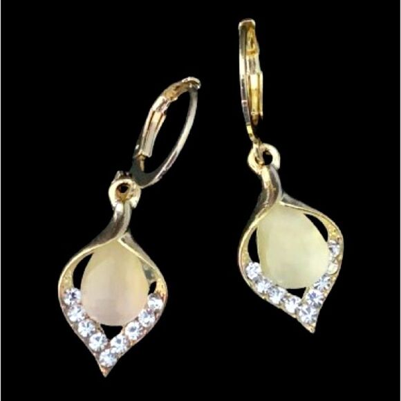 Polished Leaf Teardrop Earrings, Faux Opal & Rhinestones, Gold-Tone - Picture 3 of 11